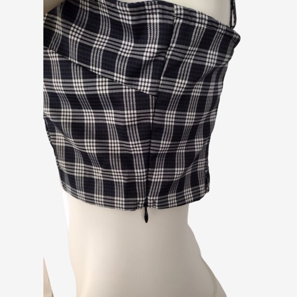 Forever 21 Black Blue Houndstooth Plaid Smocked Back Cropped Cami Top - Picture 5 of 11